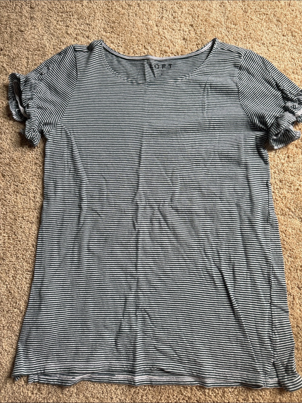 LOFT dark Teal and White Striped Short Sleeve Ruffle Sleeve Tee